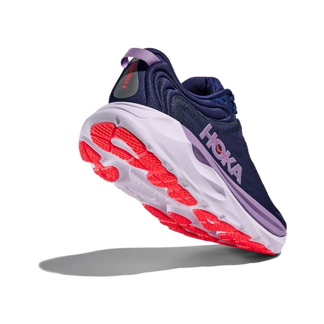 Hoka Womens Gaviota 6 running shoe in Midnight Navy, angled outsole detail with purple midsole