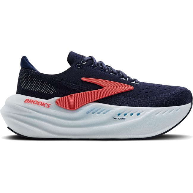 Lateral of Women's Brooks Glycerin Max Running Shoe. Peacoat Blue upper and max cushion white sole