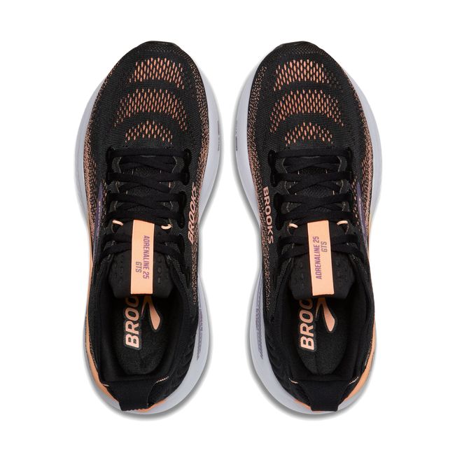 Top-down pair view of Brooks Adrenaline GTS 25 in black showing rose gold speckled mesh upper and lace system
