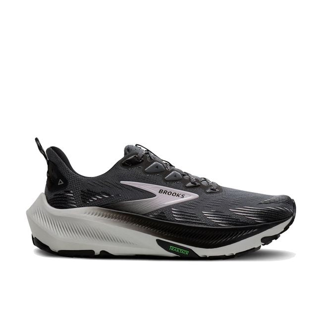 Lateral side of Brooks Women's Ghost Trail Running Shoe in Poppyseed Grey, Black, Pink
