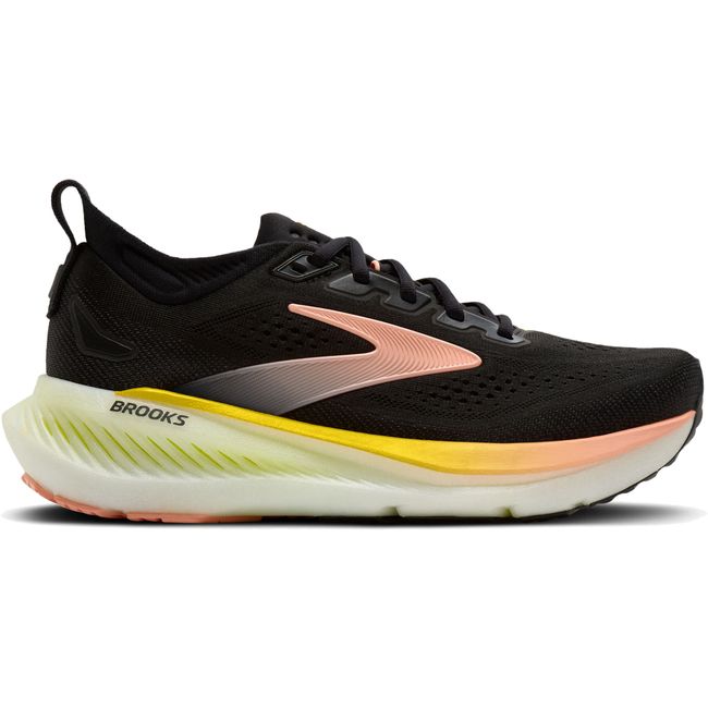 Lateral profile of Brooks Glycerin 23 women's shoe in black showing yellow and peach midsole