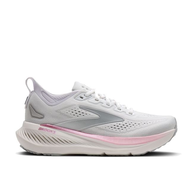 Lateral profile of Brooks Glycerin 23 women's shoe in white showing pink midsole accent and perforated knit upper