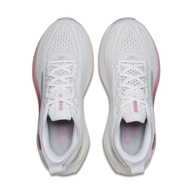 Top-down pair of Brooks Glycerin 23 in white showing perforated knit upper with pink and silver accent details