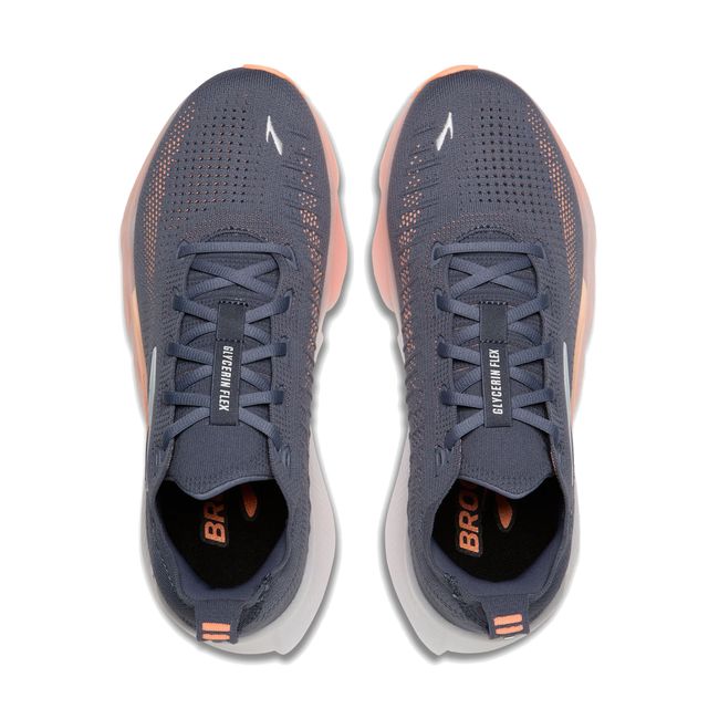Top-down pair view of Brooks Glycerin Flex in grey showing knit mesh upper and lace system with peach and orange accents