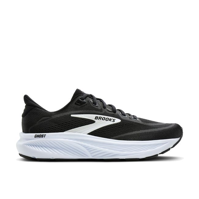 Lateral profile of Brooks Ghost 18 women's shoe in black showing white cushioned midsole and Ghost branding