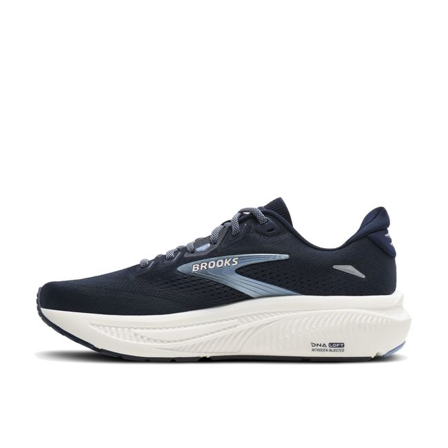 Medial profile of Brooks Ghost 18 in navy and rain washed blue showing balanced cushioned midsole