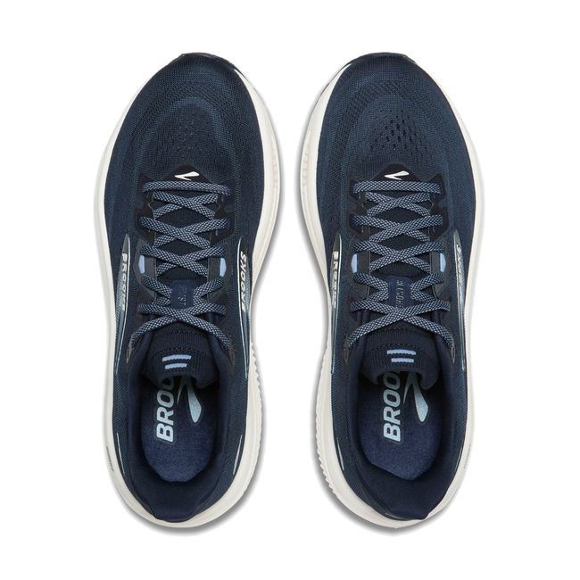 Top-down pair of Brooks Ghost 18 in deep navy showing knit mesh upper and slate blue lace detail