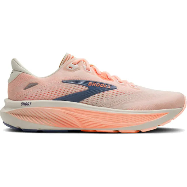 Lateral profile of Brooks Ghost 18 women's shoe in peach showing cream cushioned midsole and grey Brooks accent