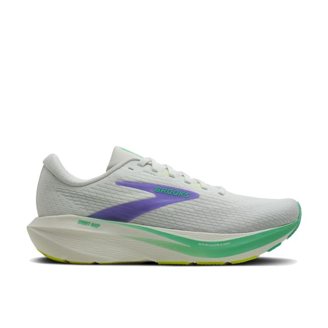 Lateral profile of Brooks Ghost AMP women's shoe in grey showing SpringRamp green midsole