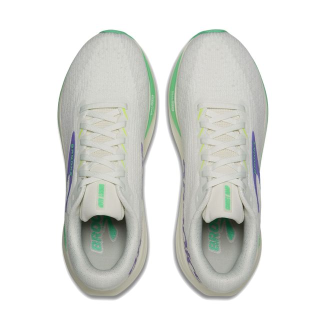 Top-down pair of Brooks Ghost AMP in grey showing warp knit upper and green midsole detail