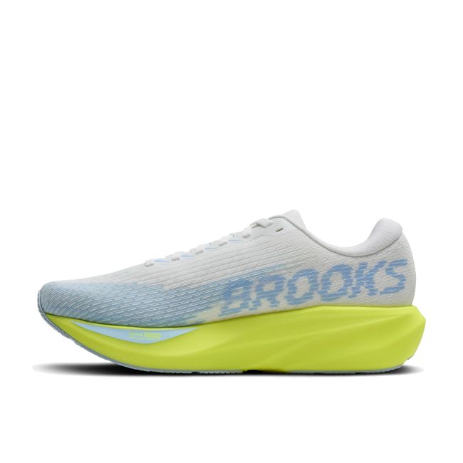 Medial profile of Brooks Ghost AMP in white and sky blue showing BROOKS text and DNA HYPE cushioning