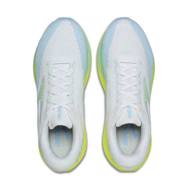 Top-down pair of Brooks Ghost AMP in white and sky blue showing warp knit upper and neon midsole