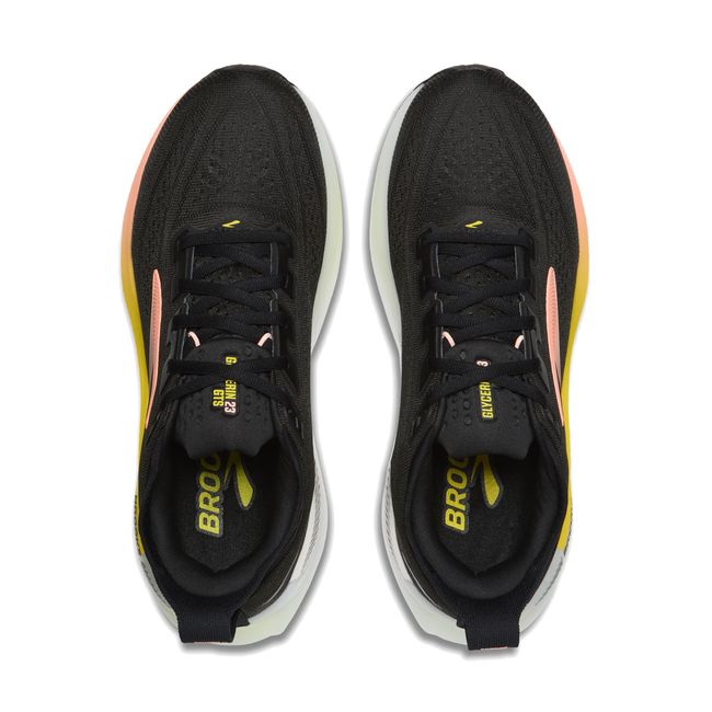 Top-down pair view of Brooks Glycerin GTS 23 in black showing mesh upper and lace system with peach and yellow accents