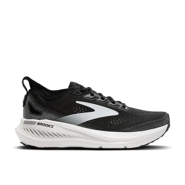 Lateral profile of Brooks Glycerin GTS 23 women's shoe in black showing white plush midsole and Brooks branding