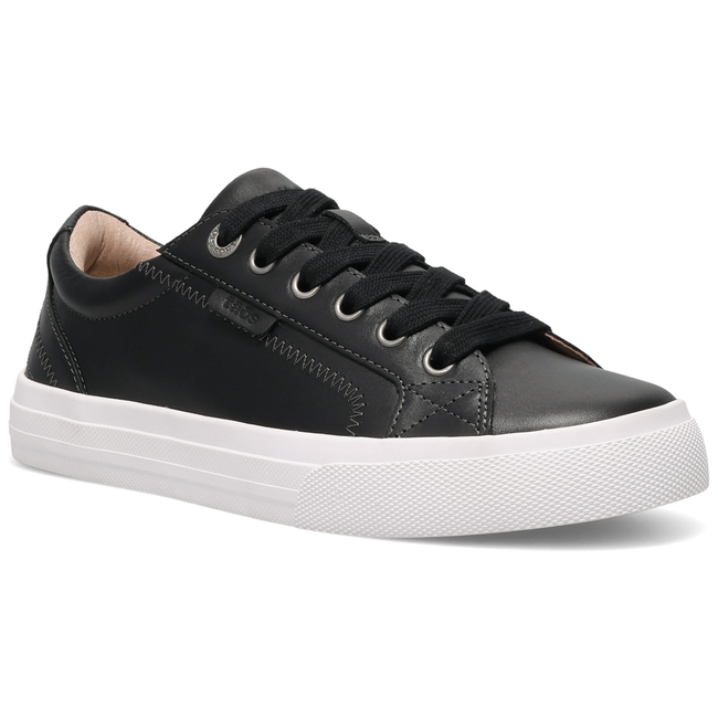 Taos Plim Soul Lux sneaker in black and white, three quarter angled view