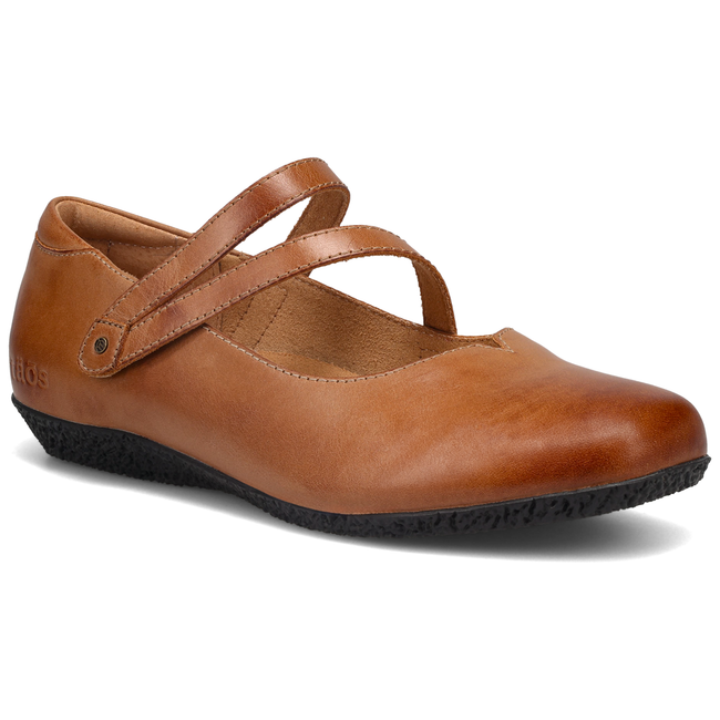 Taos Banter Mary Jane in caramel leather with crossover straps, three quarter view