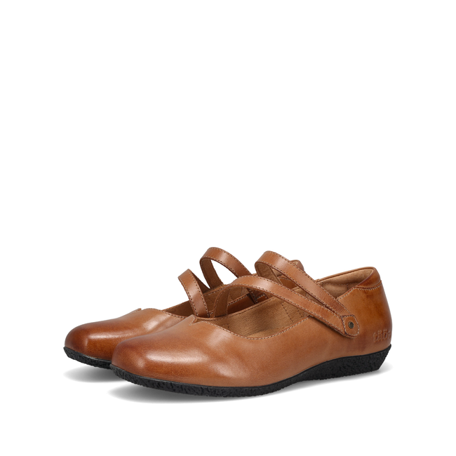 Pair of Taos Banter Mary Janes in caramel leather, angled view
