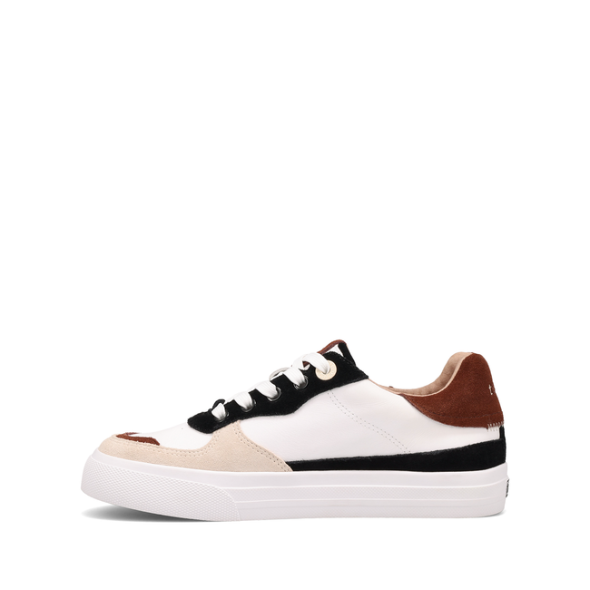 Medial profile of the Taos Pop Soul in white leather with rust brown heel
