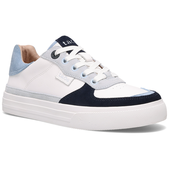 Taos Pop Soul sneaker in white leather with navy and chambray blue suede, three quarter view