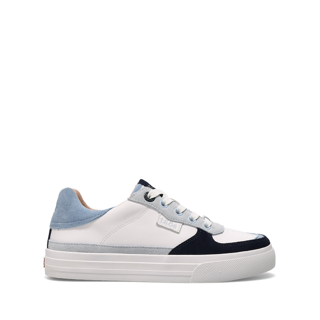 Lateral profile of the Taos Pop Soul in white leather with navy suede toe cap