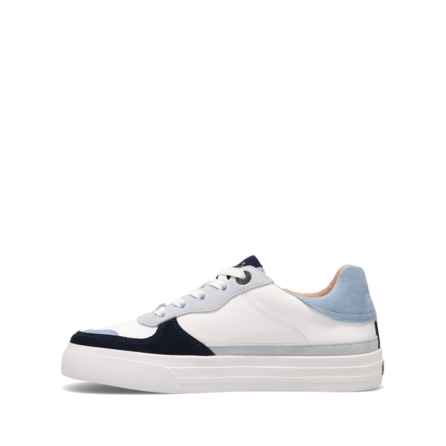 Medial profile of the Taos Pop Soul in white leather with chambray blue suede
