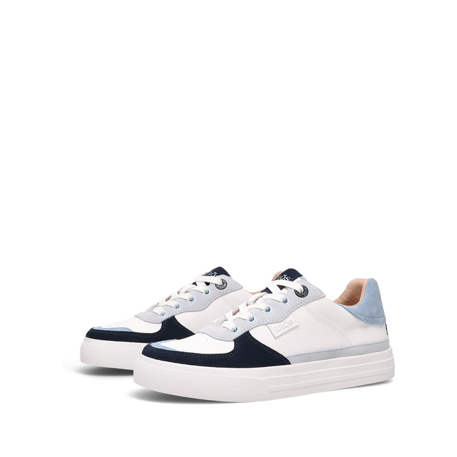 Pair of Taos Pop Soul sneakers in white leather with navy and chambray blue suede