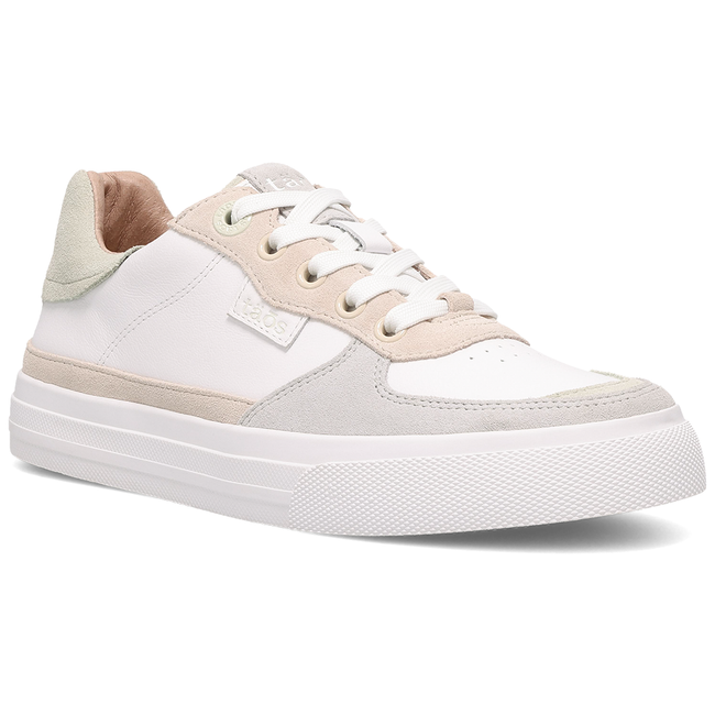 Taos Pop Soul sneaker in white leather with sand suede and ice accents, three quarter view