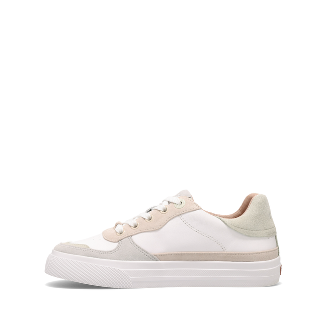 Taos Pop Soul sneaker in white leather with sand suede and ice accents, medial side view