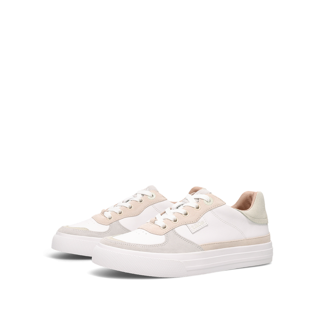 Pair of Taos Pop Soul sneakers in white leather with sand suede and ice accents