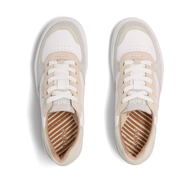 Taos Pop Soul sneaker in white leather with sand suede and ice accents, top view