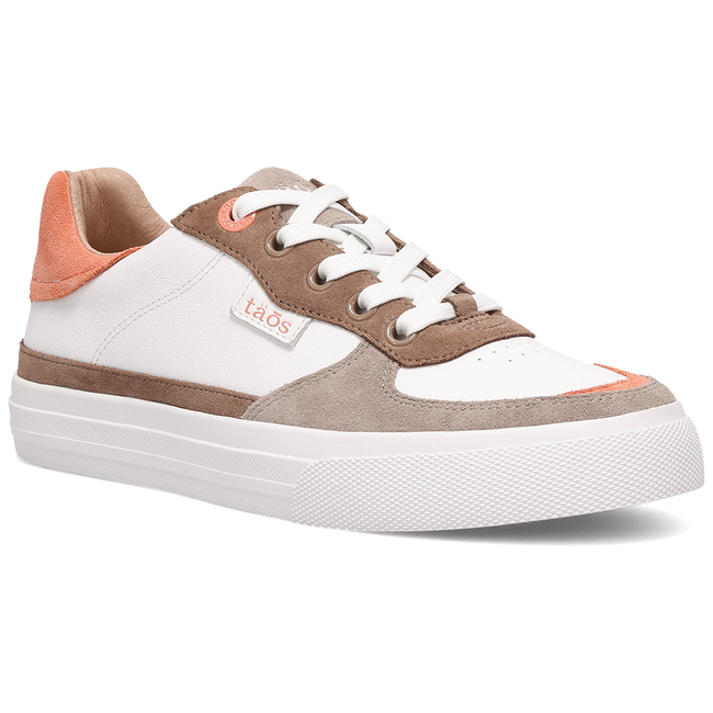 Taos Pop Soul sneaker in white leather with walnut suede and peach accents, three quarter view