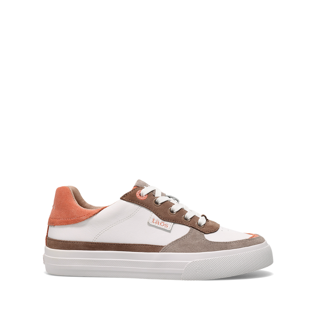 Taos Pop Soul sneaker in white leather with walnut suede and peach accents, lateral side view
