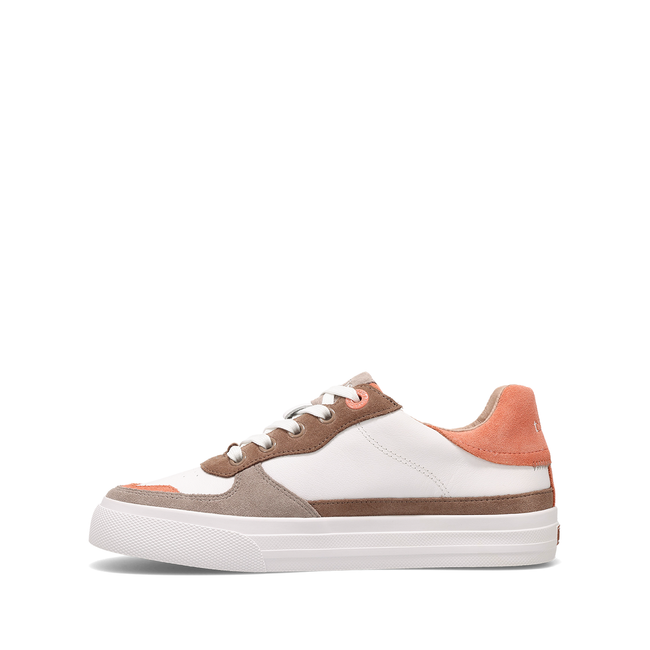 Taos Pop Soul sneaker in white leather with walnut suede and peach accents, medial side view