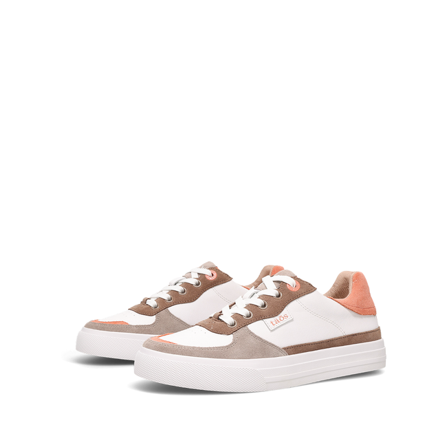 Pair of Taos Pop Soul sneakers in white leather with walnut suede and peach accents