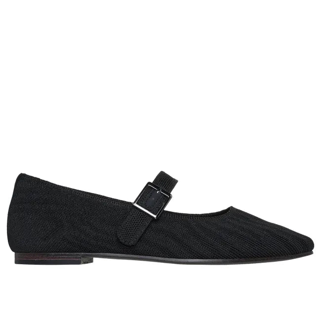 Skechers Women's Cleo Snip Glamorous Mary Jane Shoe in black knit, lateral side