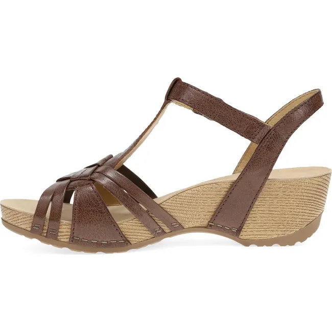 Medial side of Women's Dansko Tia Sandal in Brown Milled Burnished with velcro strap