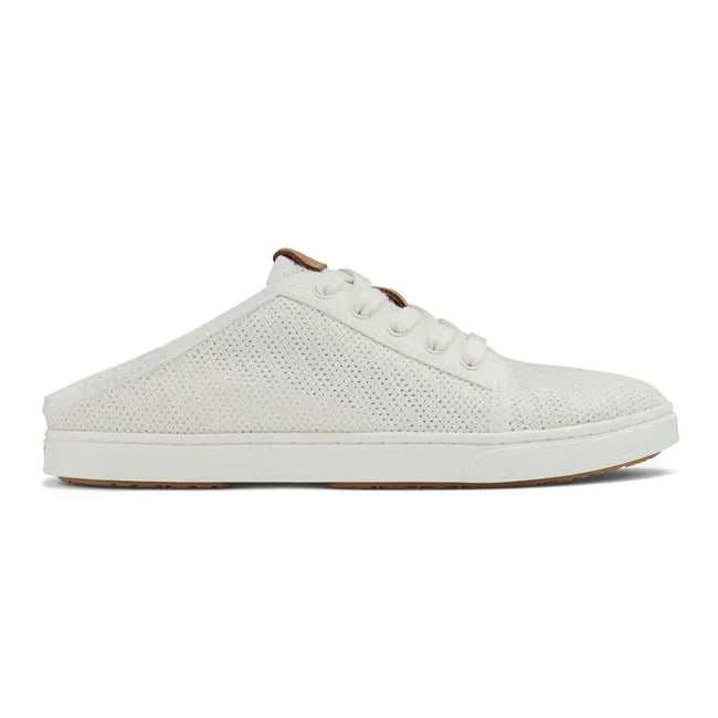 Lateral side of White Women's Olukai Pehuea Li Shoe with white sole with collapsible heel down