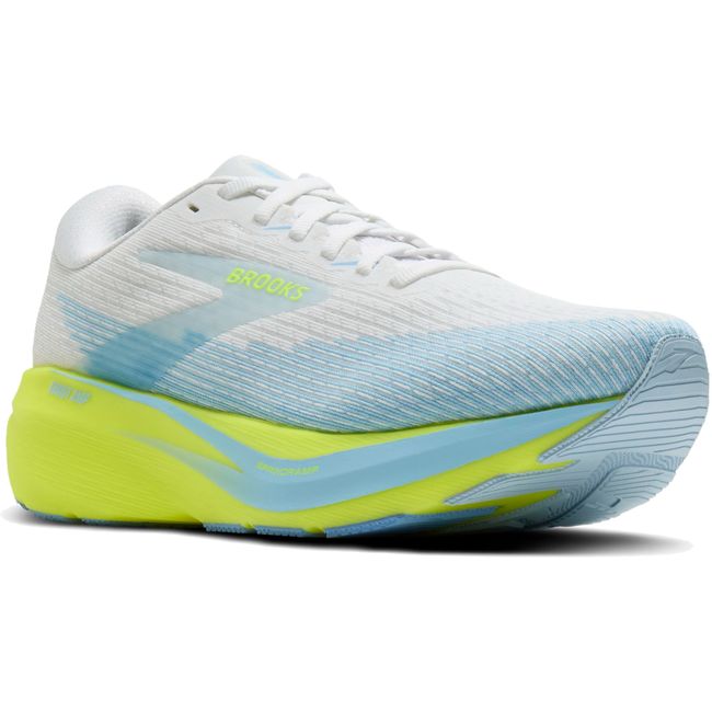 Brooks Women's Ghost AMP in white and sky blue with neon yellow-green Nightlife midsole