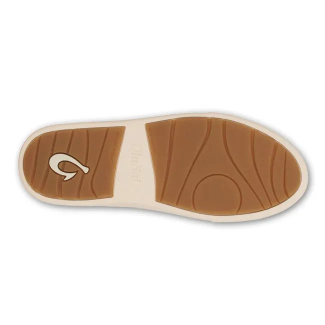 Sole of Olukai Haupu Hulu Sneaker in cloud grey with a white sole and gum bottom tread