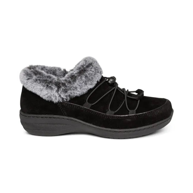 Side of Aetrex Women's Chrissy Bootie in Black Suede with faux fur