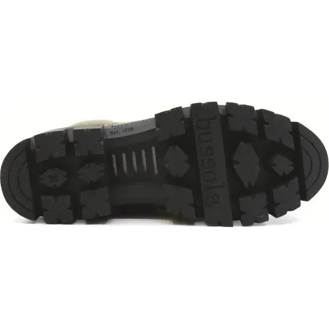 Sole of Womens Bussola Callidor Waterproof Boot in Mermaid Cordura green with a black rugged outsole