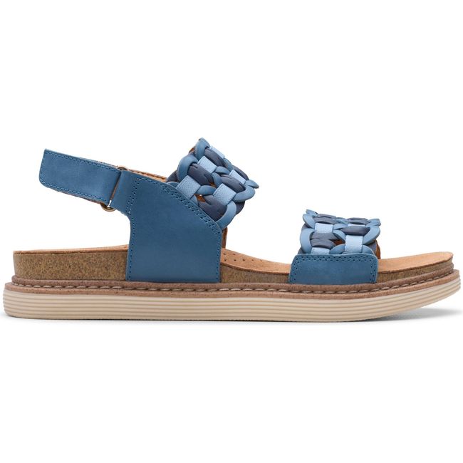 Lateral side of Women's Clarks Arwell Glide Sandal in Blue Combination Nubuck with velcro backstraps
