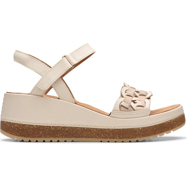 Lateral side of Women's Clarks Kassanda Bar Wedge Sandal in Cream Multi Leather