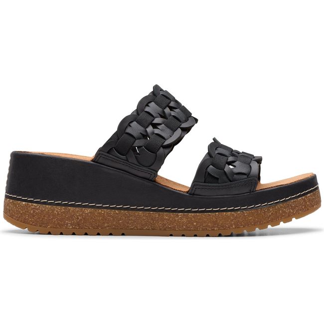 Lateral side of Women's Clarks Kassanda Wedge Sandal in Black Combination Leather