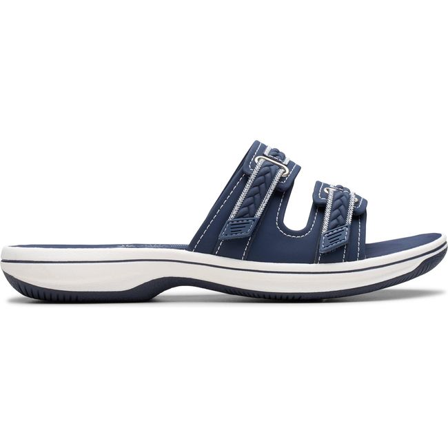 Lateral side of Women's Clarks Breezey Eve Sandal in Navy with Cloudstepper footbed and velcro strap