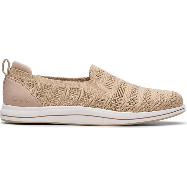 Lateral side of Women's Clarks Breezey Izzy Slip On Sneaker in Sand knit mesh