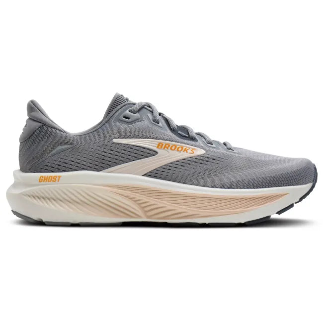 Lateral profile of Brooks Ghost 18 women's shoe in grey showing cream cushioned midsole and gold Brooks accent