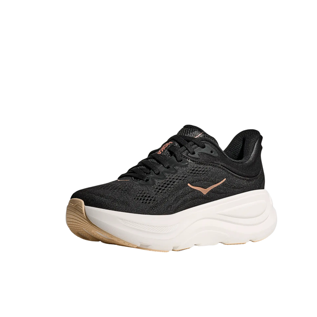 Angled Medial side of Hoka Women's Bondi 9 Running Shoe in Black Rose Gold