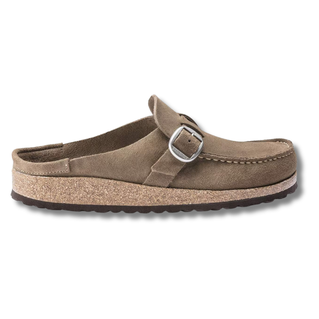 Lateral side of Birkenstock Women's Buckley Suede Clog in Grey Taupe