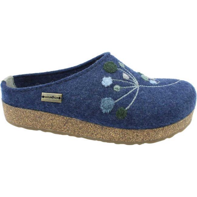 Lateral side of Women's Haflinger Amaya Clogs in jeans blue color with cork sole